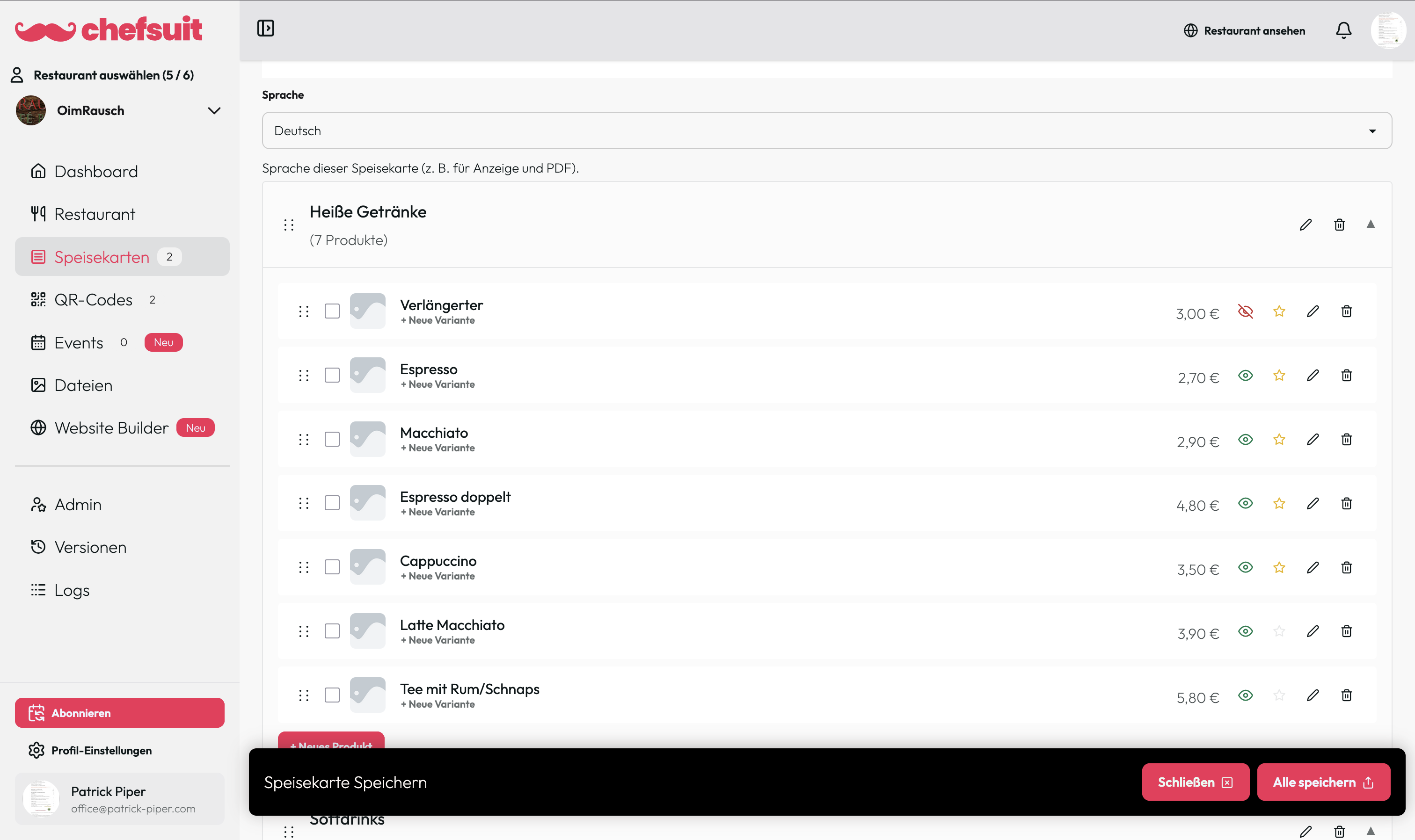 Chefsuit: Dashboard und Speisekarten-Verwaltung in der Chefansicht auf dem Laptop